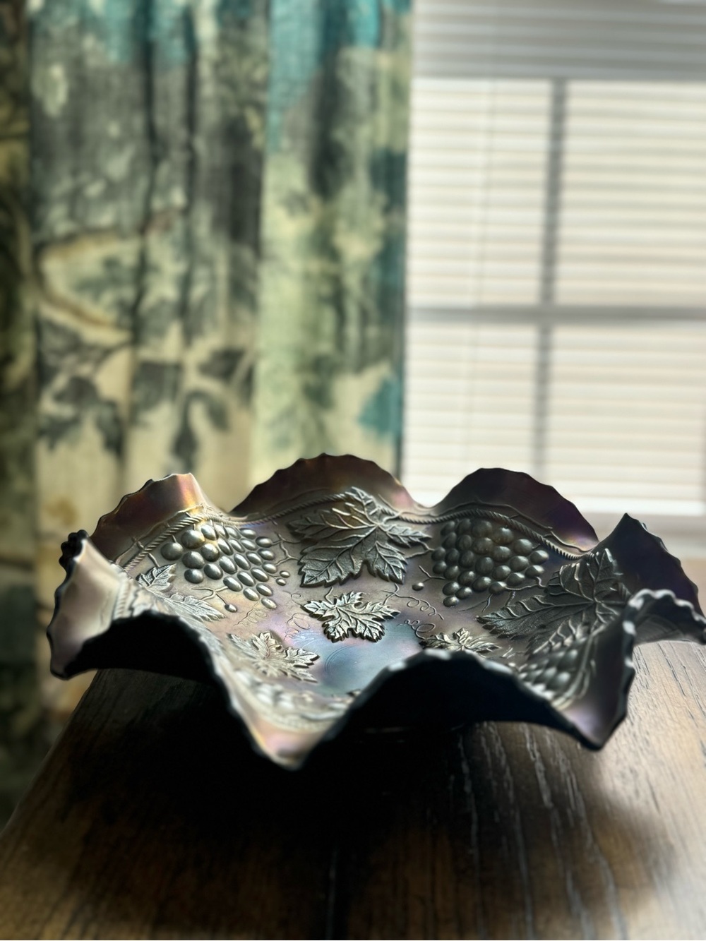 Northwood Carnival Glass
Grapes & Cable Basketweave
Ruffled Bowl Amethyst 10"